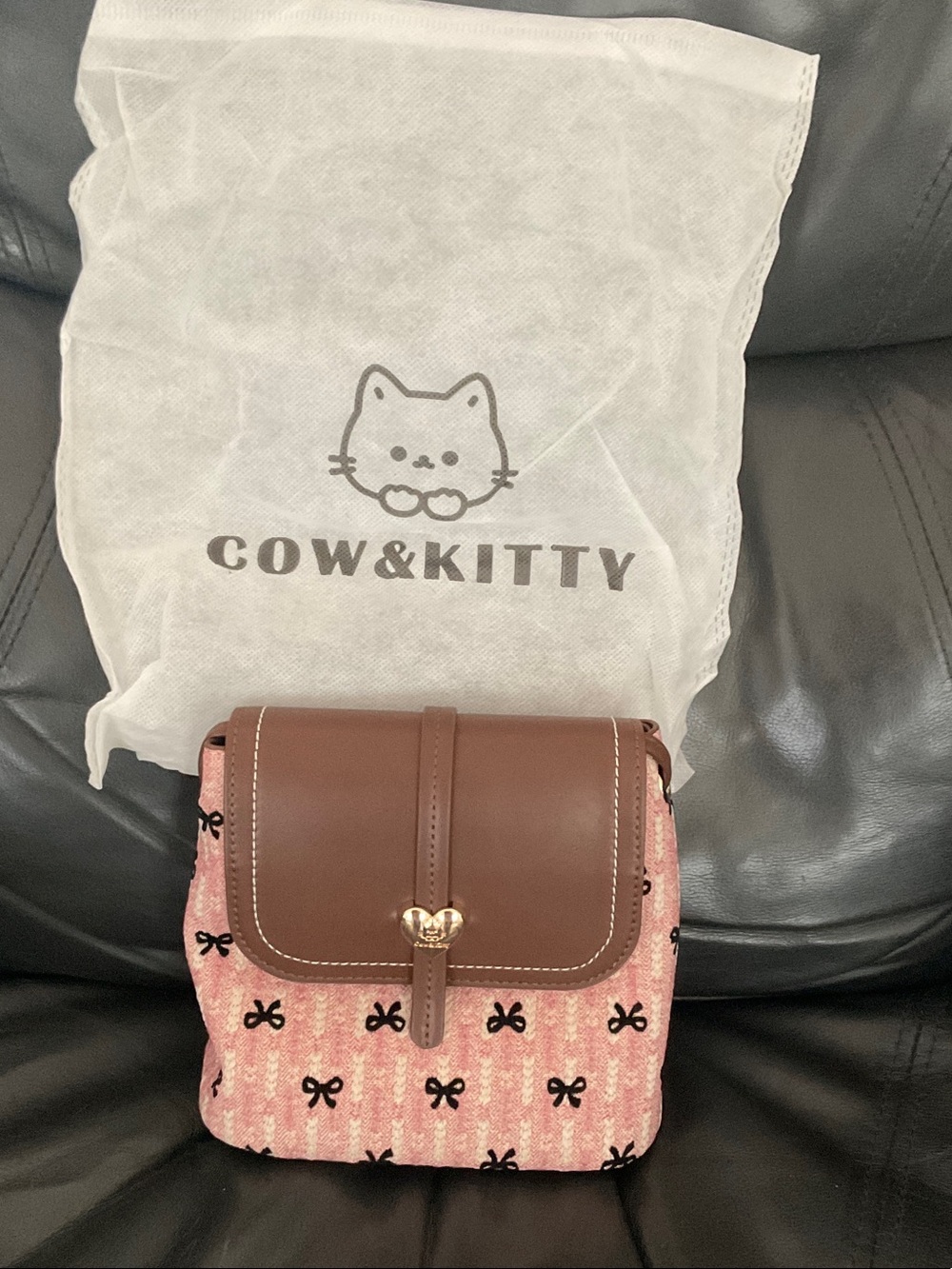Pink Bow Pattern Crossbody Bag with Brown Flap